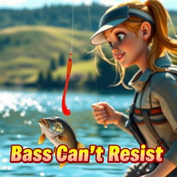 A captivating 3D animated image of a woman fishing for bass at a scenic lakeside