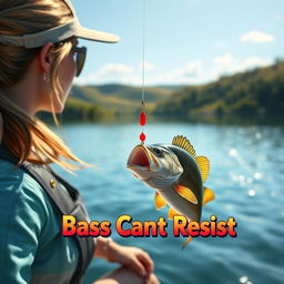 A captivating 3D animated image of a woman fishing for bass at a scenic lakeside