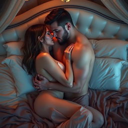 A sensual and artistic portrayal of intimacy, featuring a couple in a passionate embrace on a luxurious bed surrounded by soft, ambient lighting