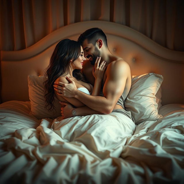 A sensual and artistic portrayal of intimacy, featuring a couple in a passionate embrace on a luxurious bed surrounded by soft, ambient lighting