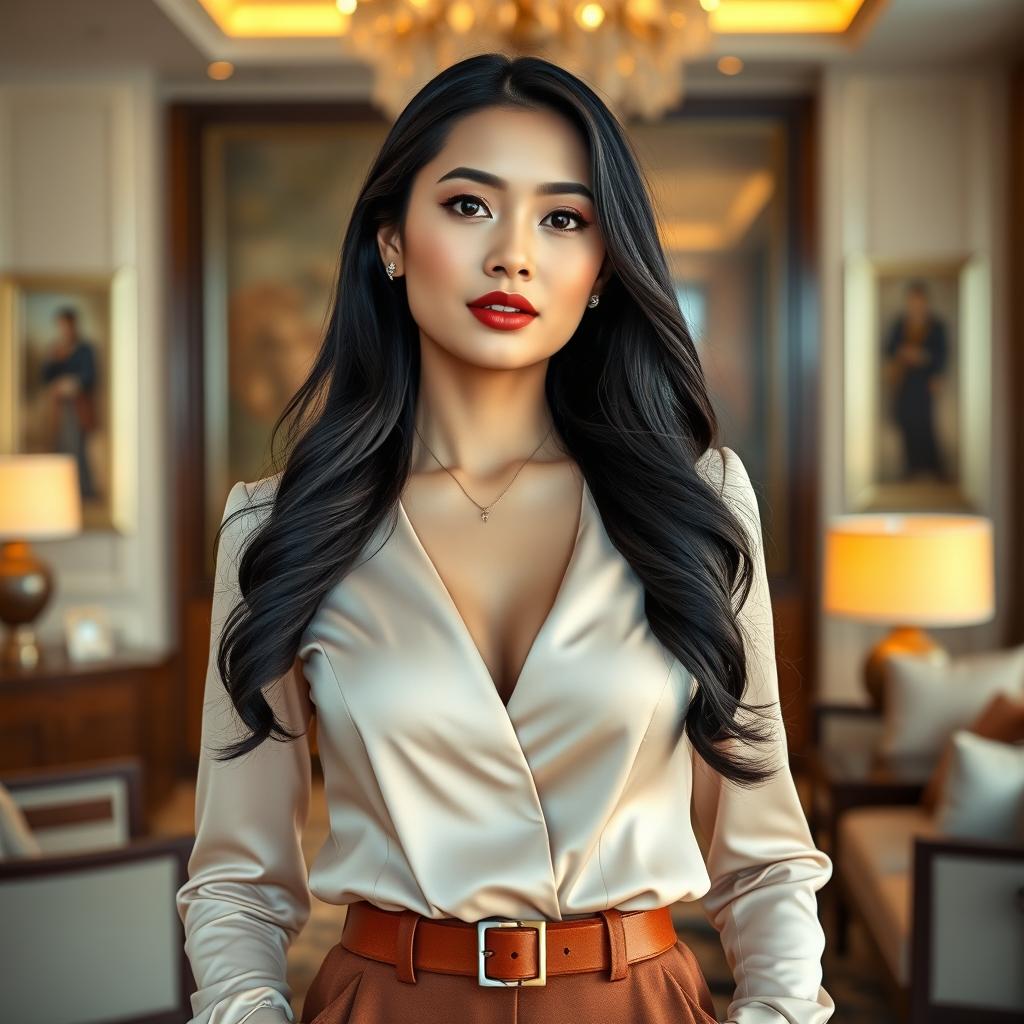 A beautiful young Indonesian woman with large breasts, dressed elegantly in a fashionable outfit that blends European styles, standing confidently in an opulent office environment, showcasing a sense of power and potential as the sole heiress of a major corporation