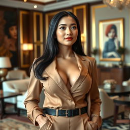 A beautiful young Indonesian woman with large breasts, dressed elegantly in a fashionable outfit that blends European styles, standing confidently in an opulent office environment, showcasing a sense of power and potential as the sole heiress of a major corporation