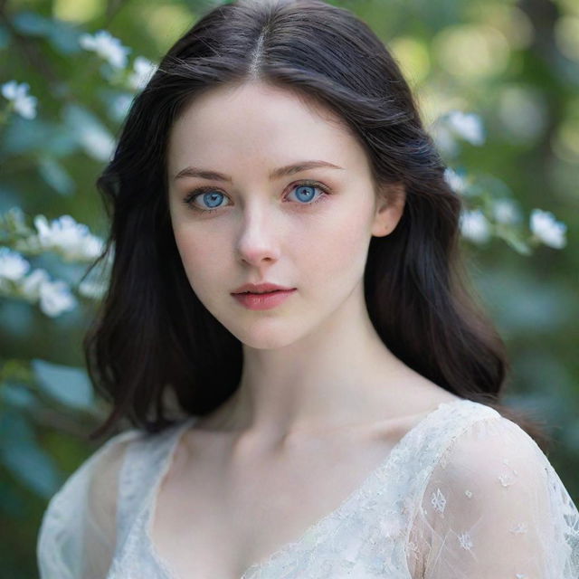 A young woman around 21 years old with pale skin, dark black hair and captivating blue-grey eyes, wearing a pristine white dress and emanating an aura of innocence.