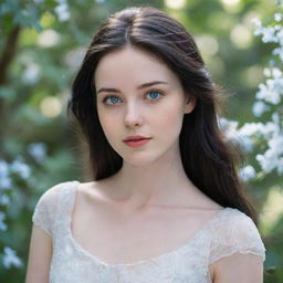 A young woman around 21 years old with pale skin, dark black hair and captivating blue-grey eyes, wearing a pristine white dress and emanating an aura of innocence.