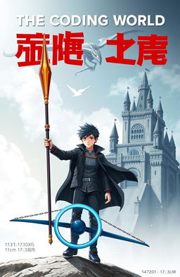 A novel cover titled **The Coding World**, featuring a futuristic scene with a 15-year-old boy holding a powerful spear that can destroy code monsters