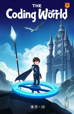 A novel cover titled **The Coding World**, featuring a futuristic scene with a 15-year-old boy holding a powerful spear that can destroy code monsters