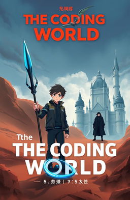 A novel cover titled **The Coding World**, featuring a futuristic scene with a 15-year-old boy holding a powerful spear that can destroy code monsters