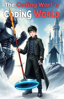 A novel cover titled **The Coding World**, featuring a futuristic scene with a 15-year-old boy holding a powerful spear that can destroy code monsters