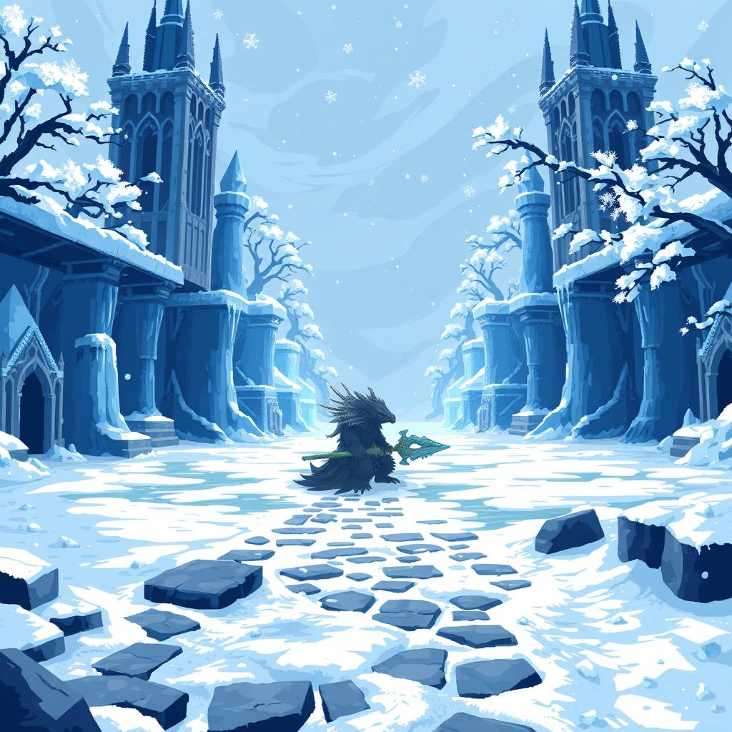 A pixel art depiction of the combat arena of Vordt of the Boreal Valley