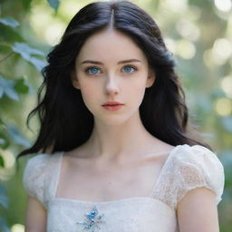 A young woman around 21 years old with pale skin, dark black hair and captivating blue-grey eyes, wearing a pristine white dress and emanating an aura of innocence.