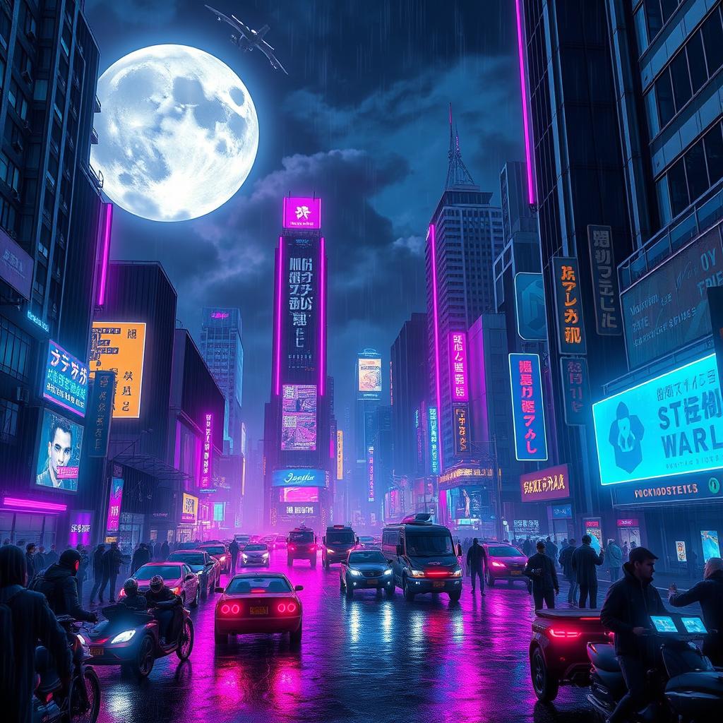 A stunning cyberpunk cityscape at night, filled with towering skyscrapers adorned with neon lights in vibrant shades of blue, purple, and pink