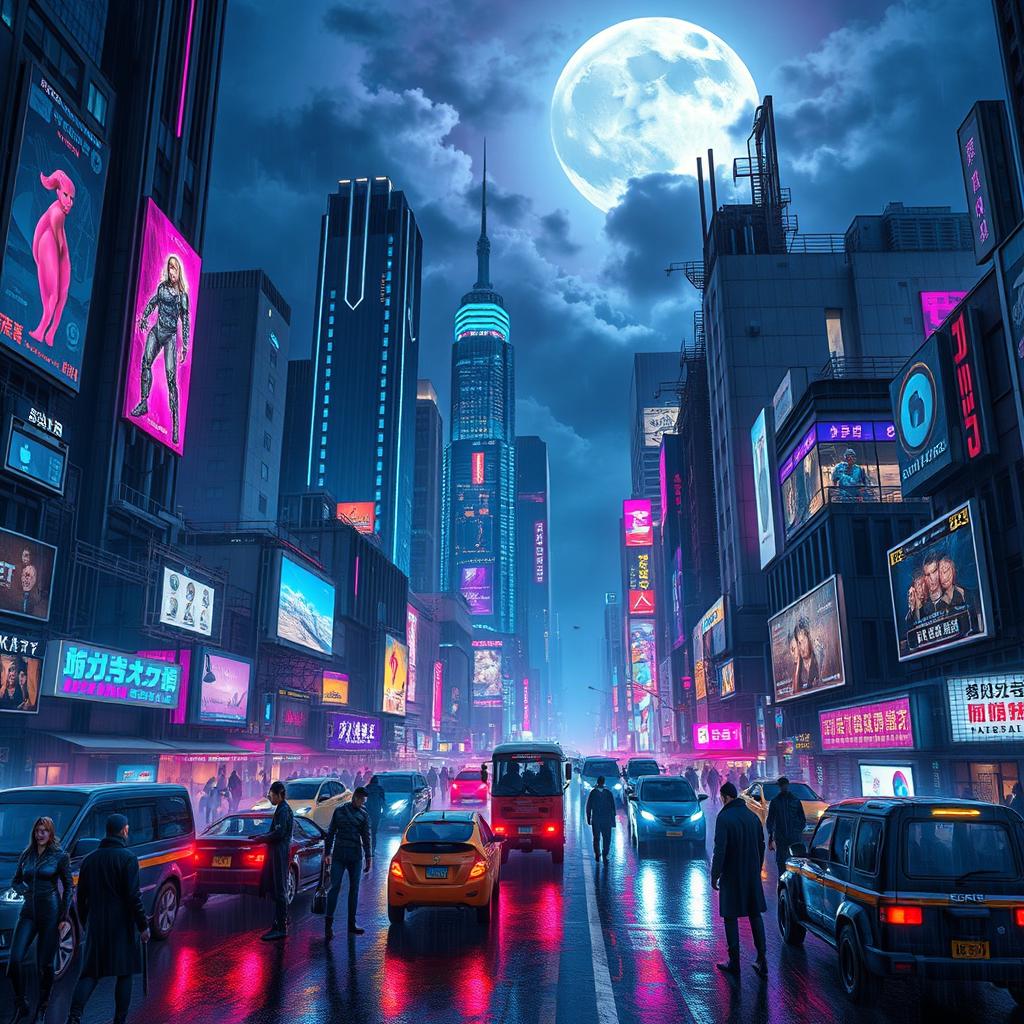 A stunning cyberpunk cityscape at night, filled with towering skyscrapers adorned with neon lights in vibrant shades of blue, purple, and pink