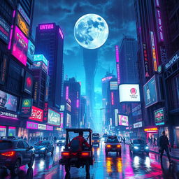 A stunning cyberpunk cityscape at night, filled with towering skyscrapers adorned with neon lights in vibrant shades of blue, purple, and pink