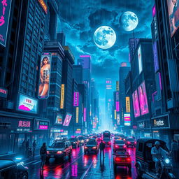 A stunning cyberpunk cityscape at night, filled with towering skyscrapers adorned with neon lights in vibrant shades of blue, purple, and pink