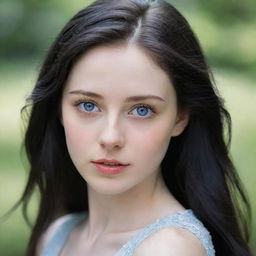 A young woman around 21 years old with pale skin, dark black hair and captivating blue-grey eyes, wearing a pristine white dress and emanating an aura of innocence.