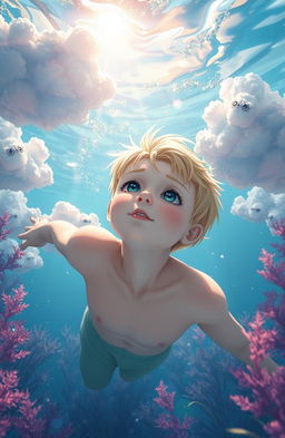 A pale-skinned blond boy underwater, surrounded by shiny, ethereal clouds, with detailed anime features