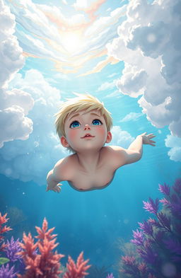 A pale-skinned blond boy underwater, surrounded by shiny, ethereal clouds, with detailed anime features