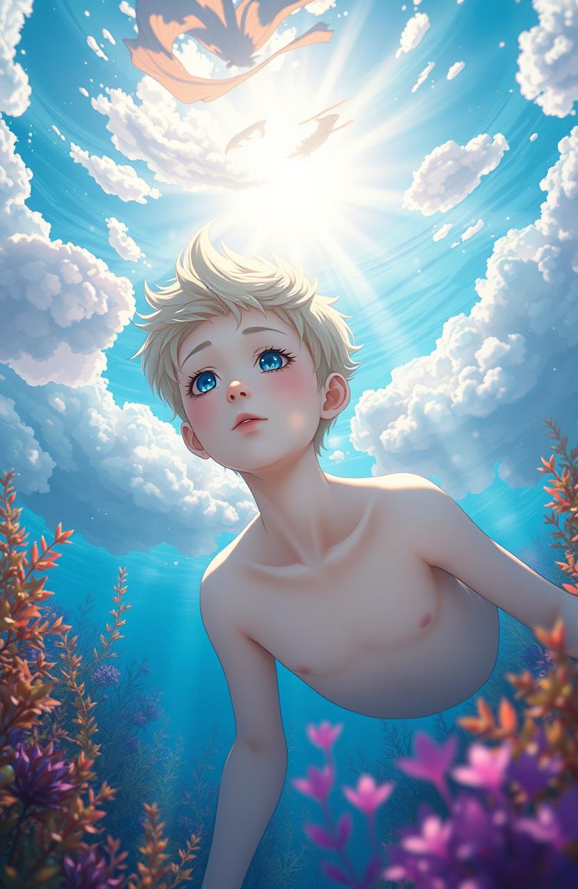 A pale-skinned blond boy underwater, surrounded by shiny, ethereal clouds, with detailed anime features