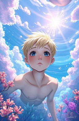 A pale-skinned blond boy underwater, surrounded by shiny, ethereal clouds, with detailed anime features