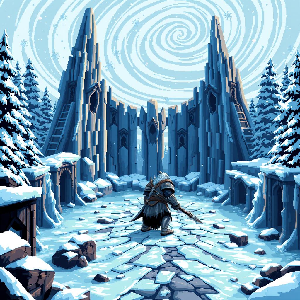 A pixel art depiction of the combat arena of Vordt of the Boreal Valley from Dark Souls 3
