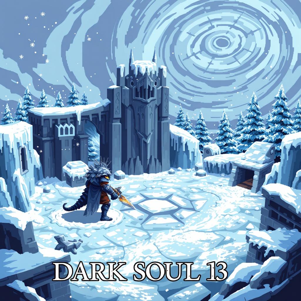 A pixel art depiction of the combat arena of Vordt of the Boreal Valley from Dark Souls 3