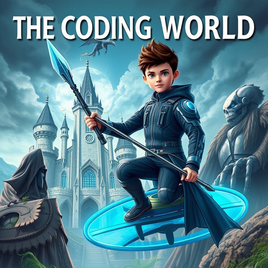 A captivating novel cover titled **The Coding World** featuring a 15-year-old boy with a mature appearance