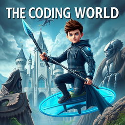 A captivating novel cover titled **The Coding World** featuring a 15-year-old boy with a mature appearance