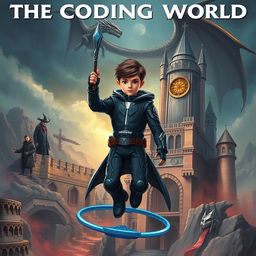 A captivating novel cover titled **The Coding World** featuring a 15-year-old boy with a mature appearance