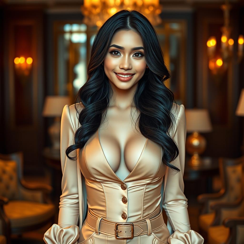 A captivating young Indonesian woman with large breasts, exuding charm and allure, dressed in an elegant yet slightly provocative outfit that incorporates European fashion elements