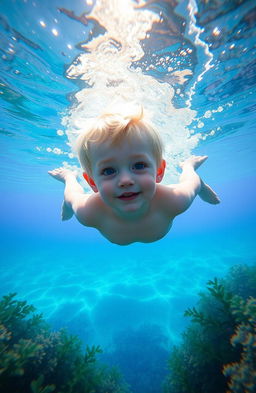 A pale-skinned blond boy swimming underwater, surrounded by shiny, shimmering clouds that reflect a magical glow