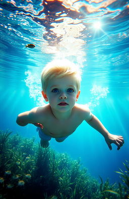 A pale-skinned blond boy swimming underwater, surrounded by shiny, shimmering clouds that reflect a magical glow