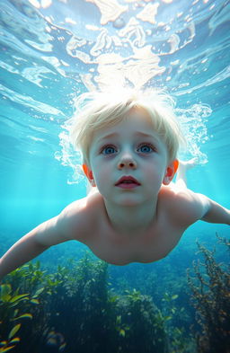 A pale-skinned blond boy swimming underwater, surrounded by shiny, shimmering clouds that reflect a magical glow