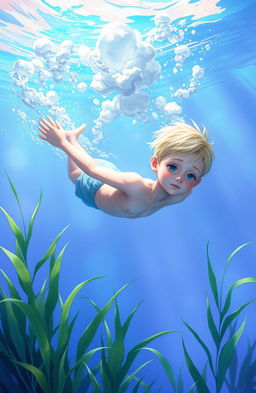 A pale-skinned boy with short blond hair gracefully swimming underwater, surrounded by shiny clouds that float above him