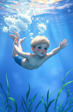 A pale-skinned boy with short blond hair gracefully swimming underwater, surrounded by shiny clouds that float above him