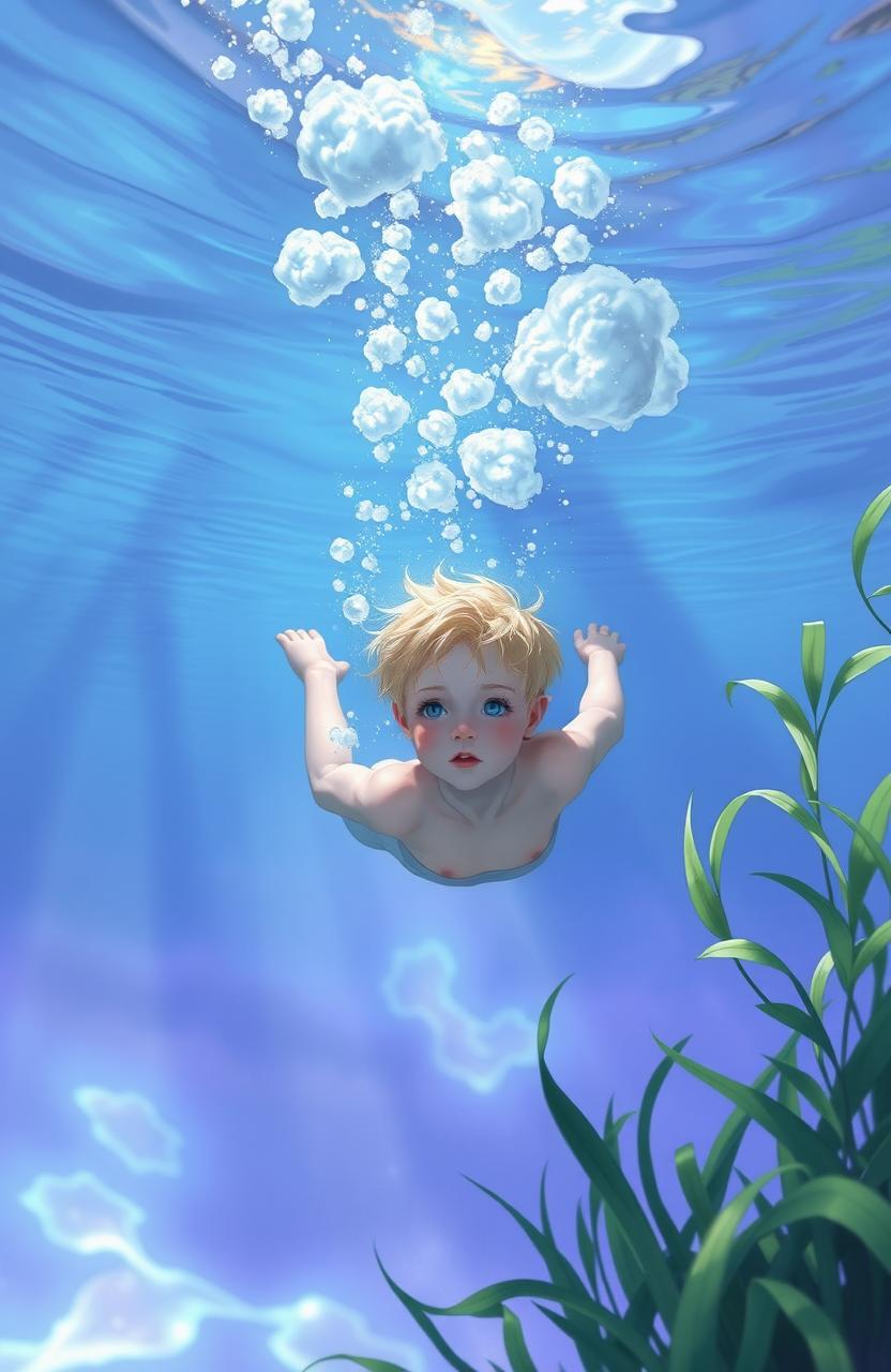 A pale-skinned boy with short blond hair gracefully swimming underwater, surrounded by shiny clouds that float above him