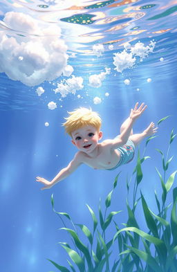 A pale-skinned boy with short blond hair gracefully swimming underwater, surrounded by shiny clouds that float above him