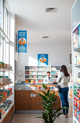 An interior view of a modern pharmacy, showcasing neatly organized shelves filled with colorful medicine boxes and health products