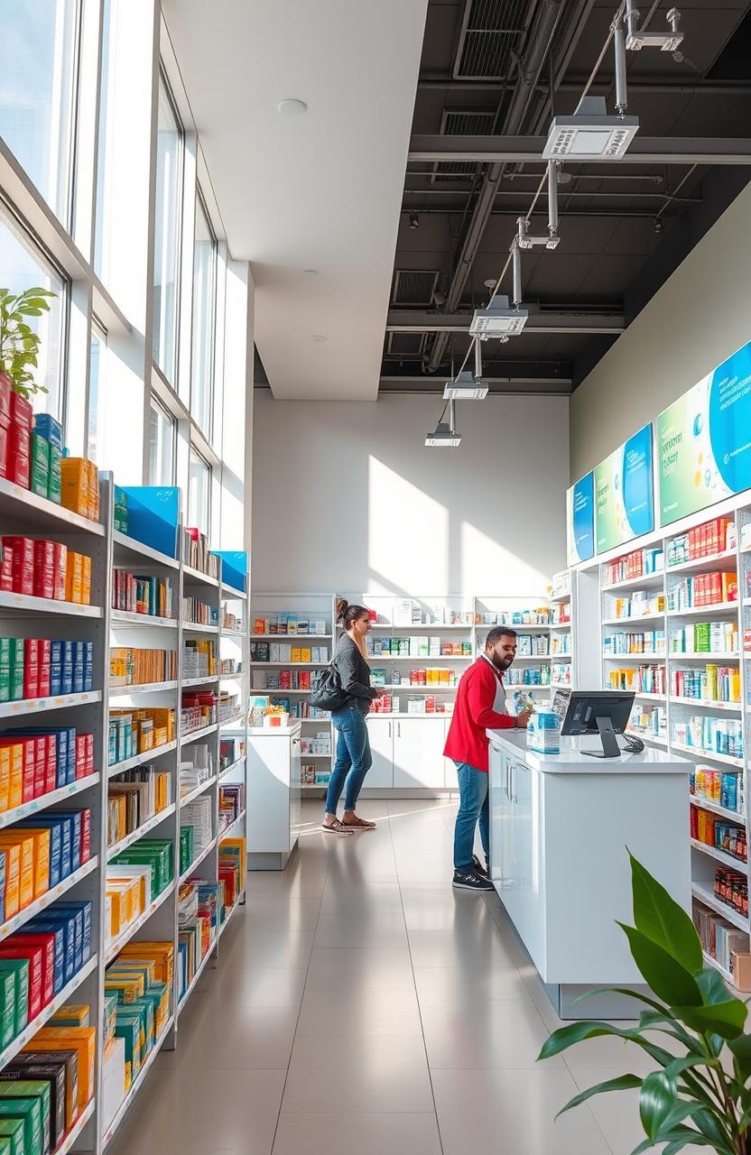 An interior view of a modern pharmacy, showcasing neatly organized shelves filled with colorful medicine boxes and health products