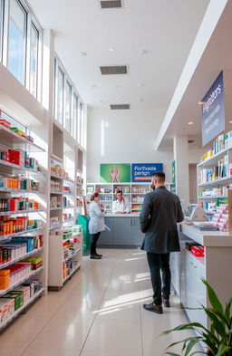 An interior view of a modern pharmacy, showcasing neatly organized shelves filled with colorful medicine boxes and health products