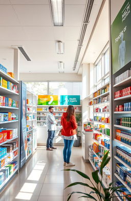 An interior view of a modern pharmacy, showcasing neatly organized shelves filled with colorful medicine boxes and health products