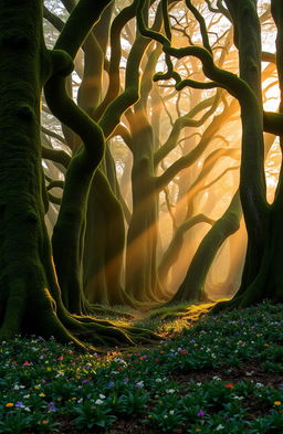 A serene and mystical forest scene, bathed in the soft golden light of dawn