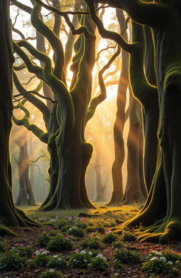 A serene and mystical forest scene, bathed in the soft golden light of dawn