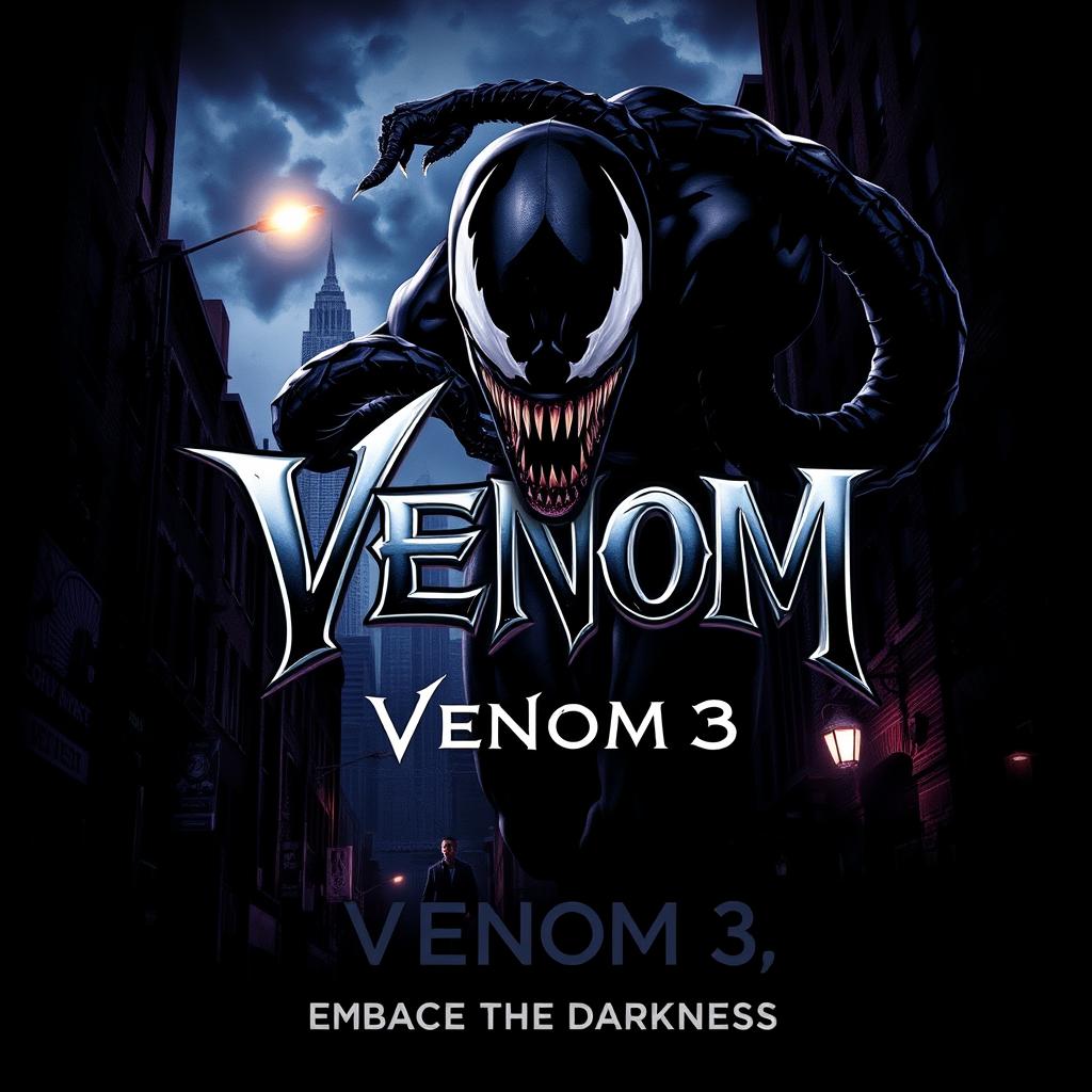 A dynamic and intense movie poster for 'Venom 3'