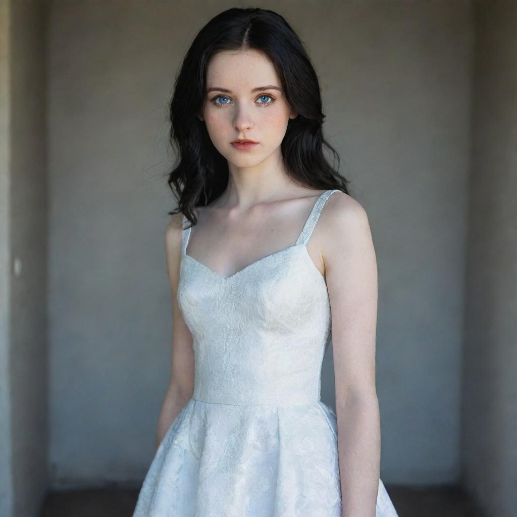 A 21-year-old enigmatic young woman with pale skin and dark black hair. Her blue-grey eyes hold a touch of mystery. She wears a pristine white dress, her innocent gaze hinting at hidden depths.