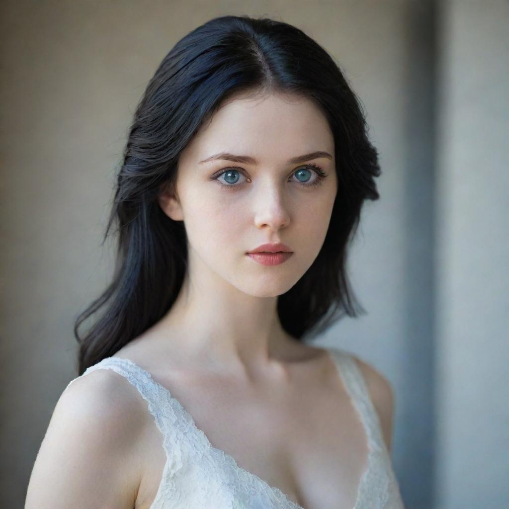 A 21-year-old enigmatic young woman with pale skin and dark black hair. Her blue-grey eyes hold a touch of mystery. She wears a pristine white dress, her innocent gaze hinting at hidden depths.