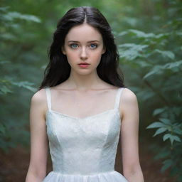 A 21-year-old enigmatic young woman with pale skin and dark black hair. Her blue-grey eyes hold a touch of mystery. She wears a pristine white dress, her innocent gaze hinting at hidden depths.