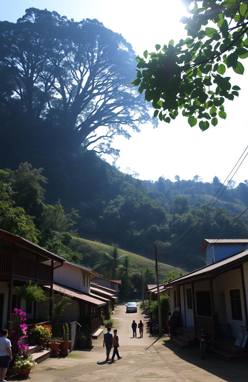 A serene view of the peaceful village of San Isidro, nestled among rolling hills, with quaint houses featuring wooden balconies and vibrant flower gardens