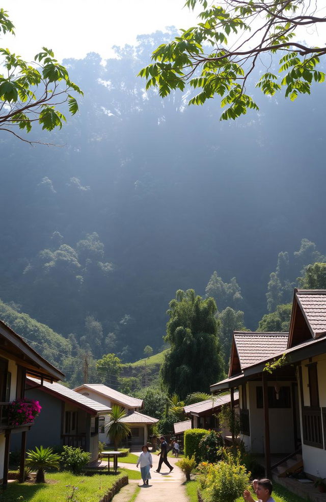 A serene view of the peaceful village of San Isidro, nestled among rolling hills, with quaint houses featuring wooden balconies and vibrant flower gardens