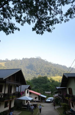 A serene view of the peaceful village of San Isidro, nestled among rolling hills, with quaint houses featuring wooden balconies and vibrant flower gardens