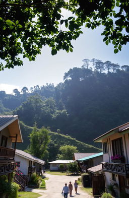 A serene view of the peaceful village of San Isidro, nestled among rolling hills, with quaint houses featuring wooden balconies and vibrant flower gardens